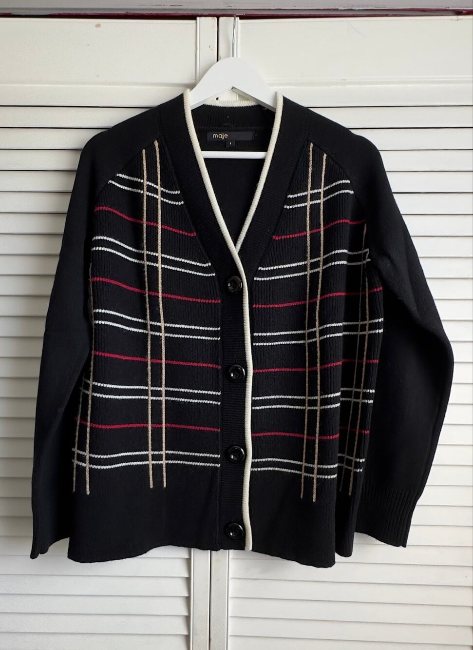 NWOT Maje Mada Plaid Wool Blend Cardigan Sweater Black Red White Grid V-Neck 1